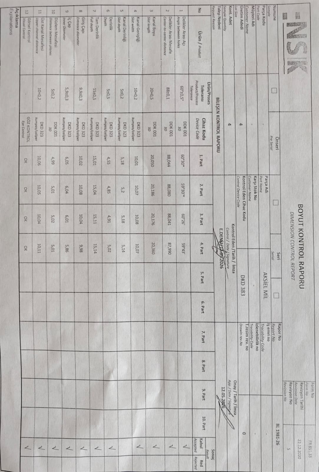 Mil bileşen kontrol raporu BL 1981-26
